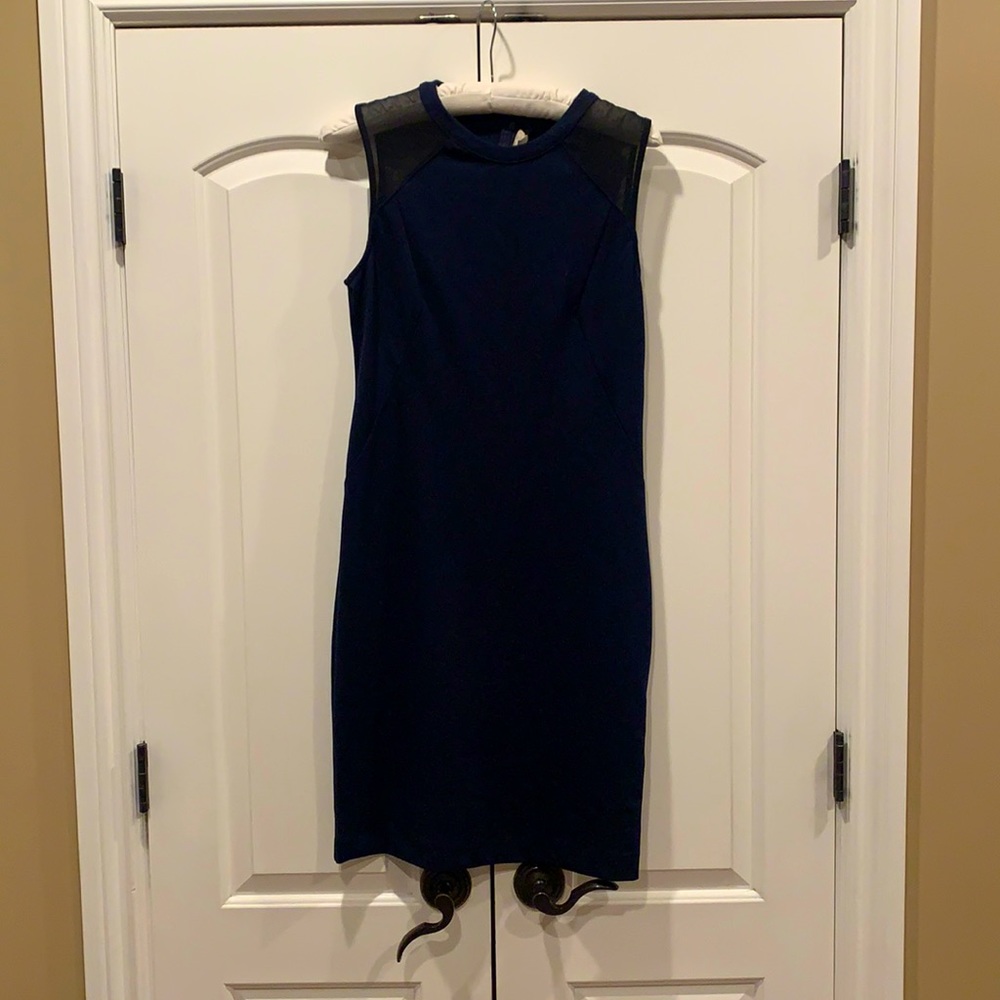Navy Banana Republic dress with black mesh sleeves